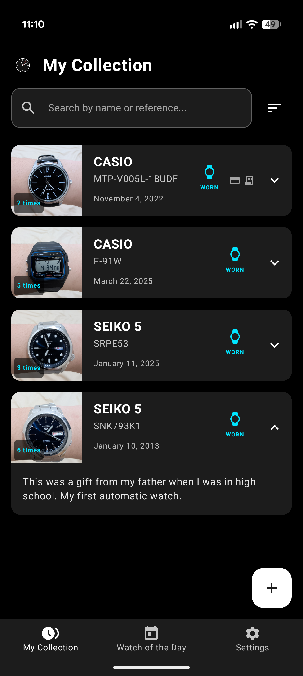 Watchfolio App Collection View - Dark Mode