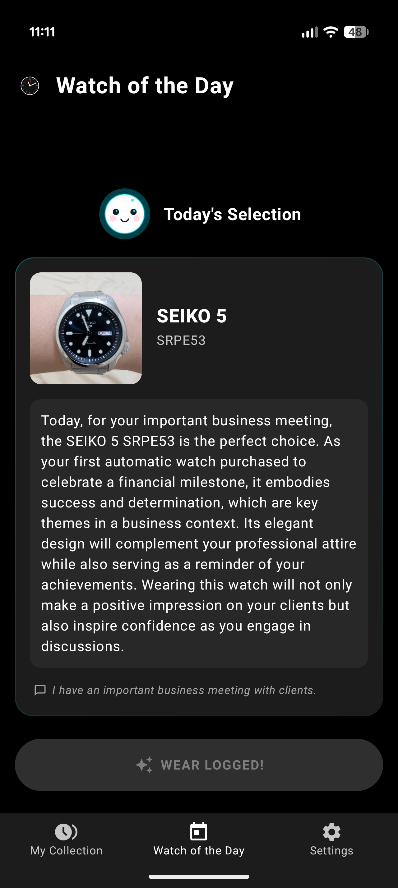 Watchfolio App Today's Selection - Dark Mode